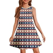 Evdexr Fourth Of July Dress Girls Sleeveless Swing Red White and Blue Print Star Vacation Sundress A-Line Patriotic Summer Crew Neck Casual Holiday Tank Dresses Blue 130